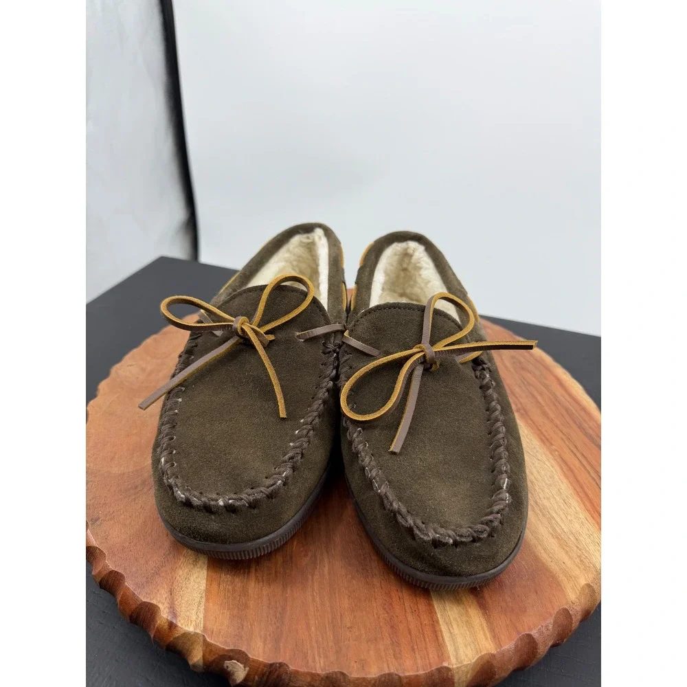 Minnetonka piled lined Suede Moccasin Slippers Mens 7.5 brown Faux Fur Lined